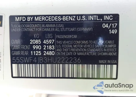 2017 Mercedes-Benz C 300 from USA, damaged, VIN 55SWF4JB3HU222236